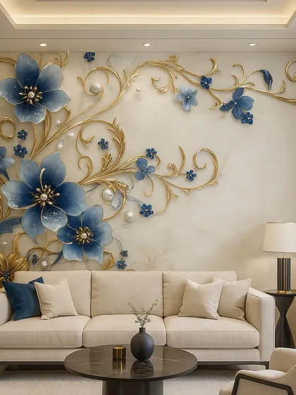 This elegant 3D wallpaper combines swirling golden vines with delicate blue flowers and pearl accents. The design flows beautifully across the wall, creating a sense of movement and luxury for a living room or formal space.