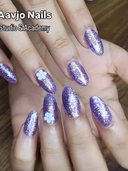 Another view of the sparkling lavender glitter nails. This shows how the glitter catches the light from every angle.