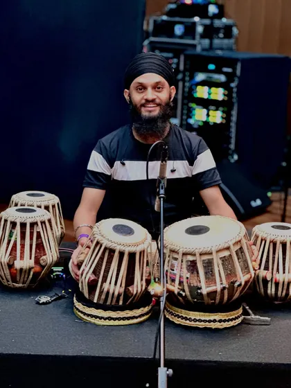 All set up and ready for the performance at NMACC. I use a multi-tabla setup for my solo concerts to explore different scales and tonal qualities.