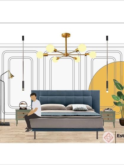 This mood board for a son's bedroom uses Art Deco principles with a modern twist. I used color blocking to add a pop of yellow against a neutral background, creating a youthful and energetic space with clean, geometric lines.