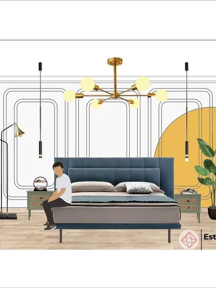 This mood board for a son's bedroom uses Art Deco principles with a modern twist. I used color blocking to add a pop of yellow against a neutral background, creating a youthful and energetic space with clean, geometric lines.