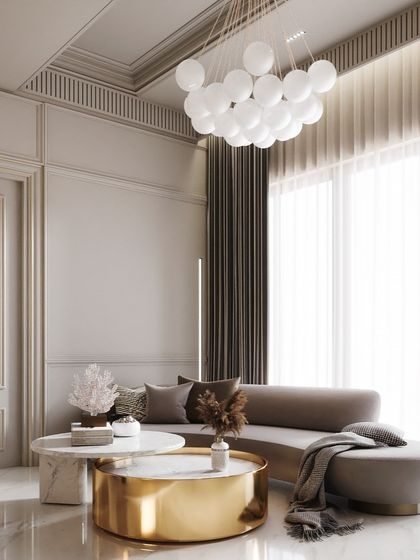 A luxurious bedroom render characterized by its soft, curved furniture and textured wall panels. The different angles showcase the spacious layout and the elegant, contemporary design.