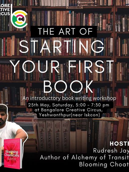 A poster for "The Art of Starting Your First Book" set against a library backdrop. This workshop is for anyone who dreams of writing a book but doesn't know where to start.