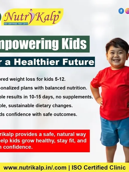 This graphic outlines our approach to child nutrition. We offer tailored weight loss plans for kids aged 5-12 with visible results in 10-15 days, using simple, sustainable dietary changes without supplements.