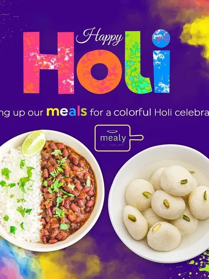 Adding more colour to your Holi celebrations with our special meals. Here you can see a comforting bowl of Rajma Chawal and some delicious Rasgulla, the perfect feast after playing with colours.