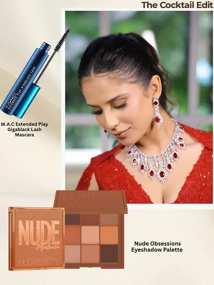 For the eyes in this cocktail look, I used the Huda Beauty Nude Obsessions palette to create a warm, defined eye, finished with MAC's Gigablack Lash Mascara for length and volume.