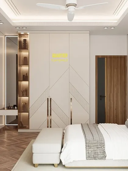 A 3D render of a master bedroom with a contemporary design. The back wall features asymmetrical grooves and a reverse arch, while the wardrobe doors have a unique geometric pattern, creating a cohesive and stylish space.