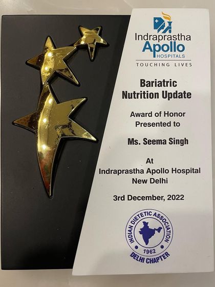 This Award of Honor was presented to me at the Bariatric Nutrition Update at Indraprastha Apollo Hospital. I am grateful for the opportunity to contribute to specialized fields of clinical nutrition.