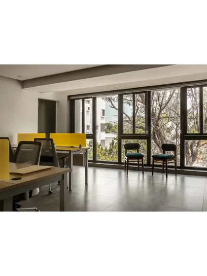 This is the view from inside the "Under the Silver Oak" workspace. We designed large fenestrations to frame the tree, making nature a constant, calming backdrop for daily work and fostering a connection to the outside world.