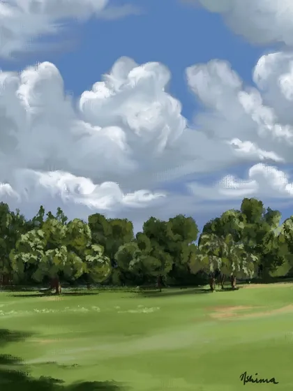 A beautiful green landscape under a sky full of fluffy clouds. This piece shows my more painterly, impressionistic style, perfect for capturing the open, airy feeling of a park or field.