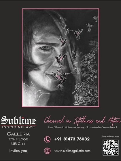The invitation for 'Charcoal in Stillness and Motion' by Gautam Bansal. The artwork is a powerful charcoal drawing of a woman's face with hummingbirds, showcasing the artist's expressive style.