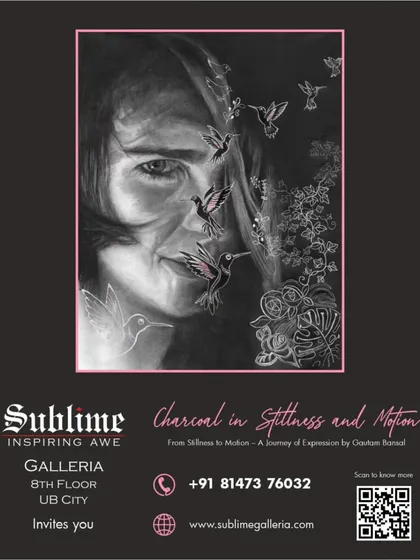 The official poster for Gautam Bansal's charcoal art exhibition at our 8th Floor gallery in UB City, inviting patrons to a journey of expression.