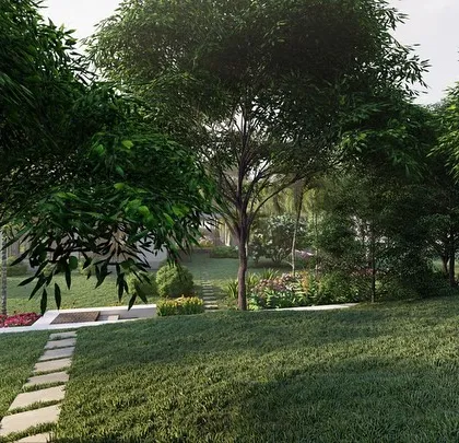 A render from our Alibag villa project, focusing on the naturalistic planting style with rolling lawns and groves of trees. This helps the client visualize the scale and feel of the final garden.