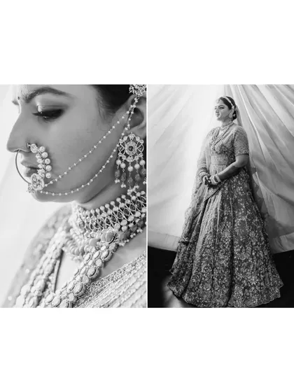 A classic black and white diptych showing the bride's stunning jewelry details. The close-up on the left showcases her intricate nath and choker, while the right gives a full view of her majestic wedding lehenga.