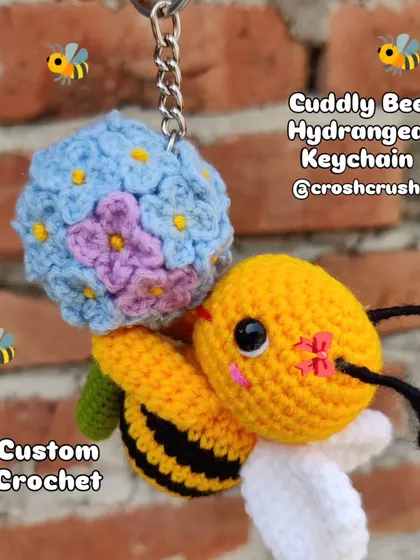 This was one of my favorite custom orders. A cuddly bee holding a bouquet of hydrangeas, all crocheted into a detailed keychain. I love bringing your creative ideas to life, especially when they are this cute.