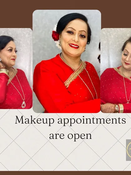 This collage showcases a mature client's elegant party makeup. The classic red lip and simple hair bun with a rose create a timeless and sophisticated look.
