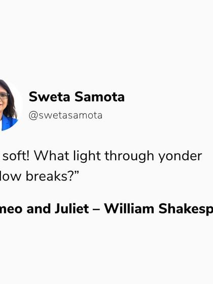 A tweet-style graphic with a quote from Romeo and Juliet. Shakespeare taught me that writing can be symphonic and that every writer must find their own rhythm.