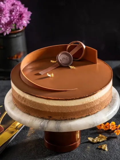 An elegant shot of a triple-layered chocolate mousse cake for Bakingo. I used a dark, minimalist setup to emphasize the cake's glossy finish, clean layers, and the delicate chocolate swirl decoration, making it look absolutely luxurious.