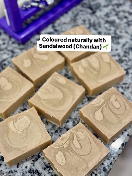 The beautiful, natural color of these soaps comes from Sandalwood (Chandan) powder. We never use synthetic colorants.