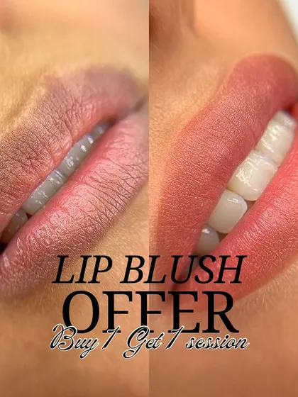 See the amazing difference with my lip blushing service. On the left, you can see the client's lips before, with some uneven pigmentation. On the right is the result after the procedure, showing a beautiful, healthy, and even lip tint. This semi-permanent makeup boosts your natural color and defines your lip shape.