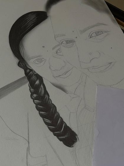 A work-in-progress shot of a realistic portrait, focusing on the detailed work of the hair and face.