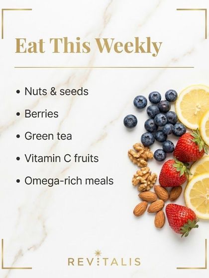 For skin health in your 30s, I recommend eating these foods weekly. Nuts, seeds, berries, and Vitamin C-rich fruits provide antioxidants, while omega-rich meals help maintain your skin's barrier and hydration.