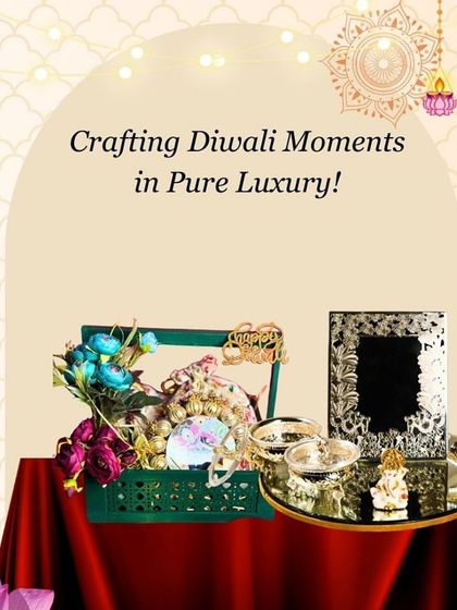 Crafting Diwali moments in pure luxury is my passion. This graphic highlights a premium green hamper, complete with a Ganesha idol and decorative items, designed to make your festive gifting unforgettable.