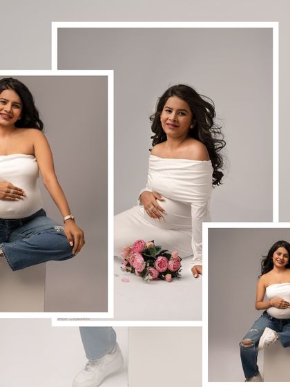 A collage showing the versatility of a casual look. A simple white top and jeans can be styled for both playful and serene portraits.