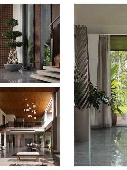 Interior and exterior details of the 'Tropis' home, highlighting the use of natural materials like wood and stone, and double-height spaces that create a sense of grandeur.