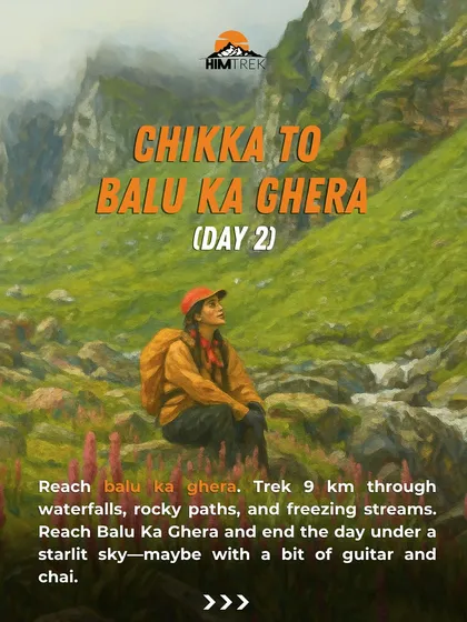 On Day 2, we trek from Chikka to Balu ka Ghera, a 9 km trail through waterfalls and rocky paths, ending under a starlit sky.
