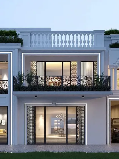A private villa with a neoclassical influence, seen in the arched window and ornate balcony railings. The design combines these classical details with modern elements like clean lines and integrated garage space.