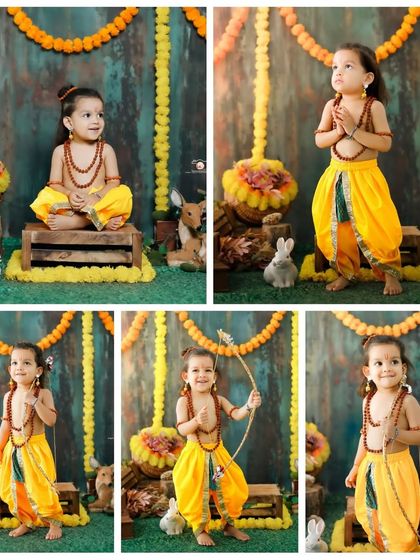A collage of the 'Little Ram' photoshoot, showing a variety of poses from meditative to playful, capturing the full range of this little one's divine character.