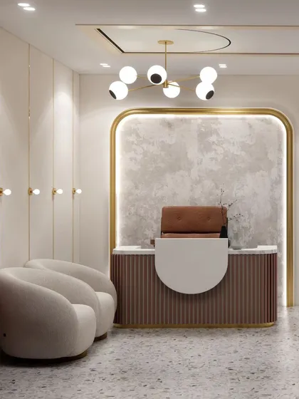 Here's a 3D concept for a chic and modern salon reception. I used a soft color palette with rose gold accents, curved furniture, and textured walls to create a welcoming and stylish first impression. This design shows how I blend elegance with contemporary trends.