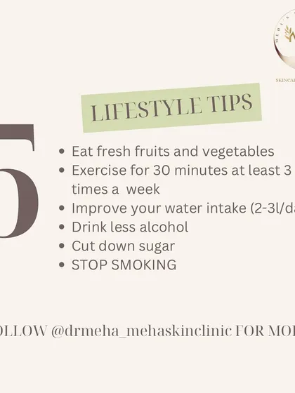 Your lifestyle plays a huge role in how your skin ages. Eating fresh fruits and vegetables, exercising, staying hydrated, and avoiding smoking and excess sugar are fundamental for skin health.