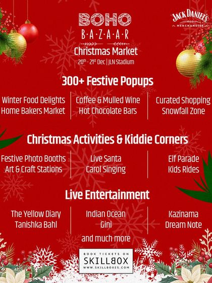 The announcement for the Boho Bazaar Christmas Market in Delhi. We curate and produce elegant, large-scale festive markets featuring live entertainment from bands like Indian Ocean, hundreds of pop-ups, and unique activities.