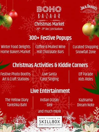 The official poster for the Boho Bazaar Christmas Market in Delhi, a grand holiday edition with festive popups, food, and live music.