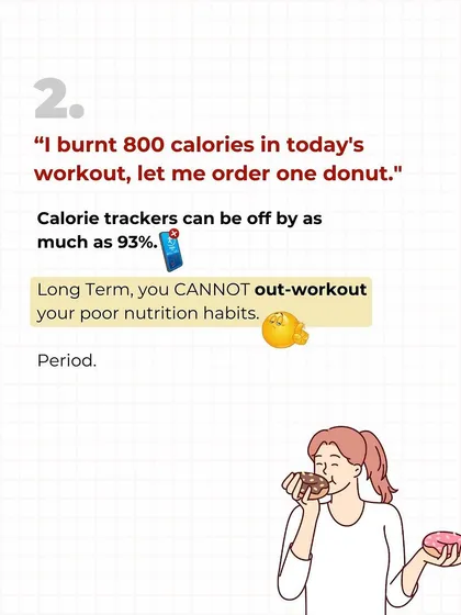 "I burned 800 calories, so I can eat a donut." Your calorie tracker is probably wrong, by as much as 93%. You CANNOT out-workout poor nutrition habits. Period.