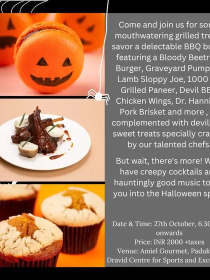 Get ready for a spooky and delicious Halloween. My special BBQ buffet features themed treats like a Bloody Beetroot Burger, Graveyard Pumpkin, and Dr. Hannibal Pork Brisket.