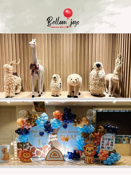 A wild one is on the way! This collage shows our adorable jungle animal theme, featuring cute animal props and a vibrant balloon setup in shades of blue, orange, and navy for a first birthday party.