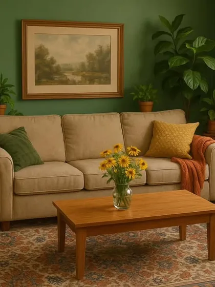 We believe in the power of transformation. This living room was redesigned to be a warm, biophilic retreat, filled with natural textures, earthy green walls, and an abundance of plant life. The result is an inviting atmosphere that feels both timeless and alive.