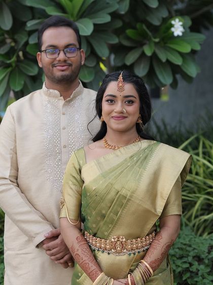 A lovely couple portrait. The bride's makeup is subtle and radiant, ensuring she looks like the best version of herself on her special day.