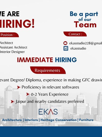 Ekas Studio in Jaipur is looking for an Interior Designer and Assistant Architect with 0-2 years of experience.