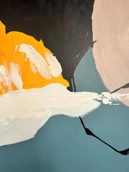 A macro view of the 'Colour Cluster' artwork, revealing the delicate, wispy black lines that dance over the fields of color, adding a layer of calligraphic detail.