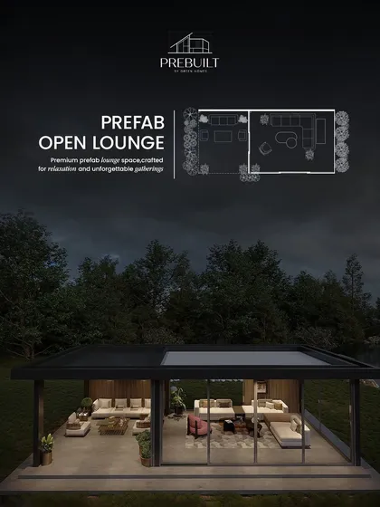 We design and build bespoke prefab open lounges for farmhouses and garden retreats. This concept image showcases a structure with both enclosed and open-air sections, complete with a layout plan, illustrating how we craft spaces for relaxation and social gatherings.