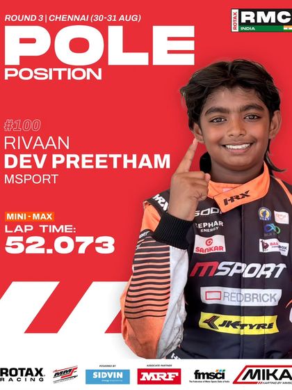 Rivaan Dev Preetham of Msport, fastest on track to claim pole position in the Mini Max class.