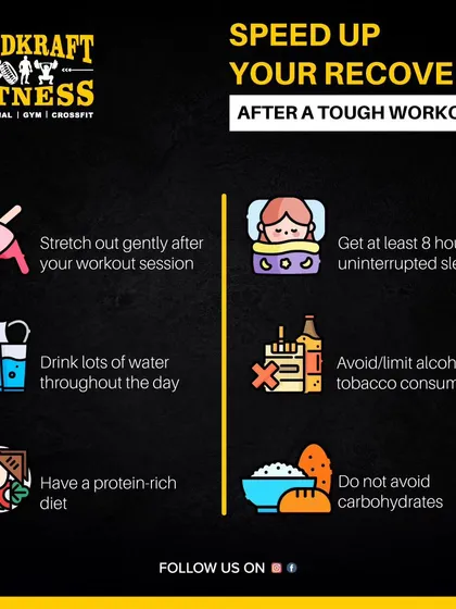 To speed up your recovery after a tough workout, remember to stretch, get at least 8 hours of sleep, drink plenty of water, and eat a protein and carb-rich meal.