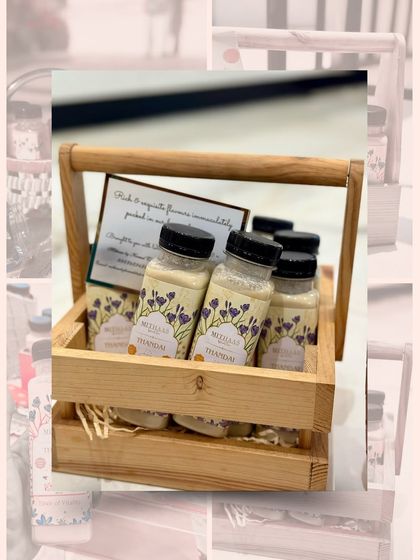 My traditional Thandai, beautifully presented in a rustic wooden crate. This makes for a unique and thoughtful gift, offering a taste of authentic Indian culture.