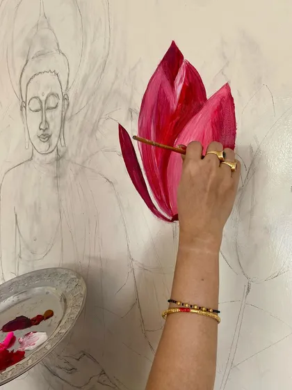 Here’s a look at my process. I always start by sketching the design directly onto the wall, which allows you to see the composition in its actual scale before I begin painting with professional-grade acrylics.