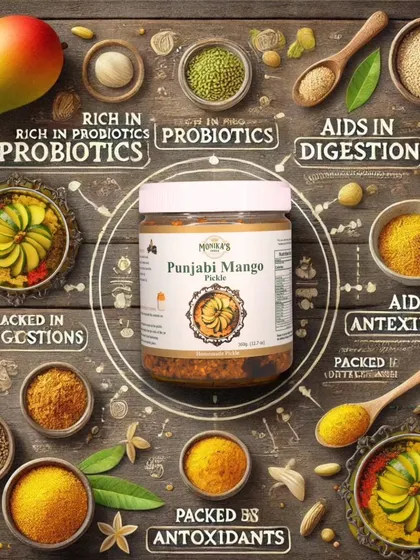 My Punjabi Mango Pickle is more than just tasty, it's packed with goodness. I use a traditional fermentation process that makes it rich in probiotics for gut health and packed with antioxidants from natural spices like turmeric. This is the essence of my "Taste bhi, Sehat bhi" promise, combining authentic flavour with real health benefits.