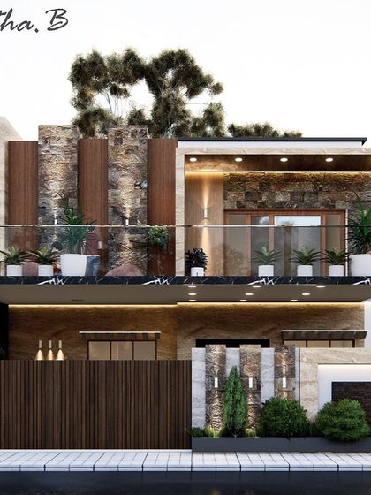 A luxurious villa design where I used natural stone cladding, marble accents, and extensive glass railings. The integrated lighting highlights the textures and architectural details, creating a stunning effect at dusk.